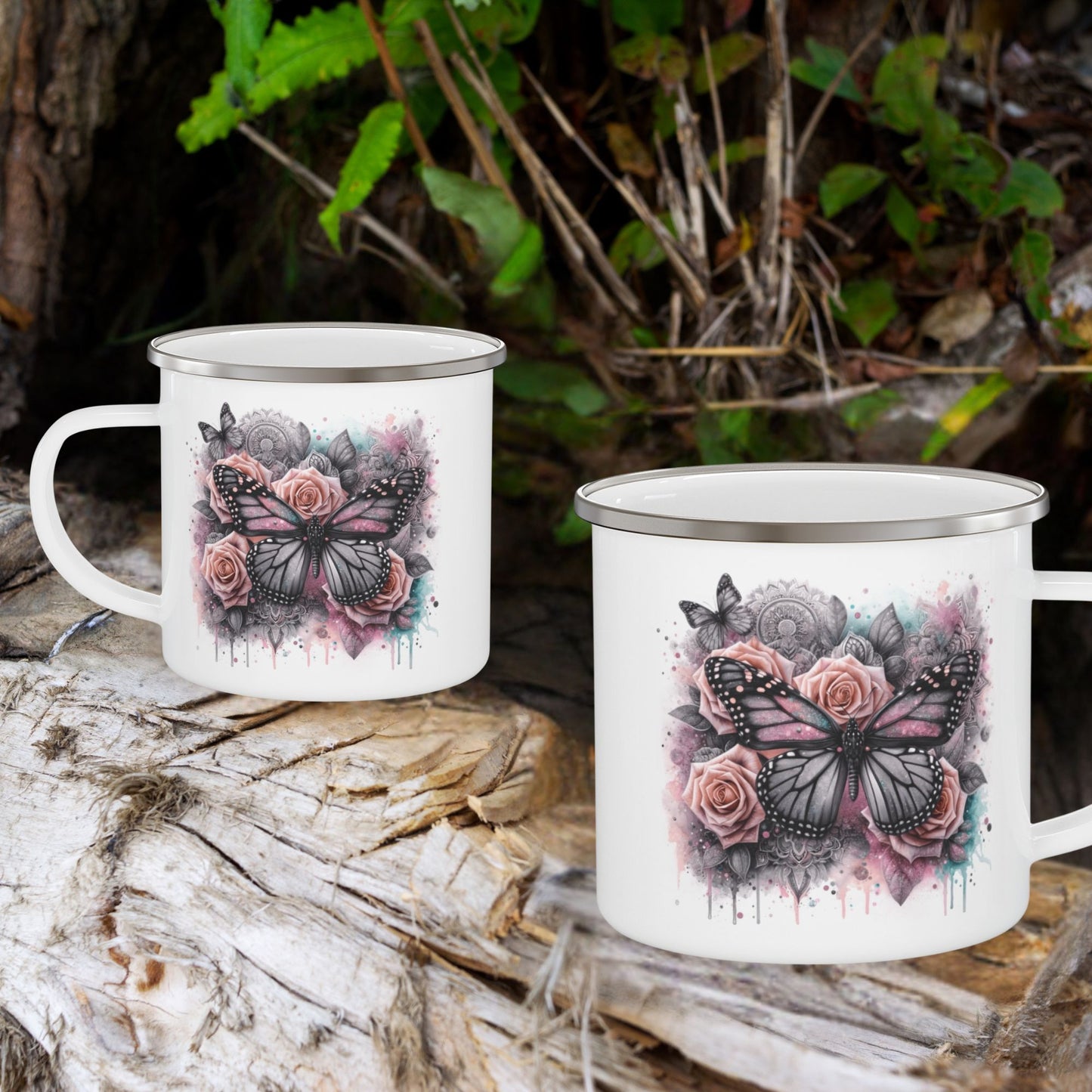 Floral Butterfly Enamel Camping Mug – Artistic Outdoor Coffee Cup for Nature Lovers