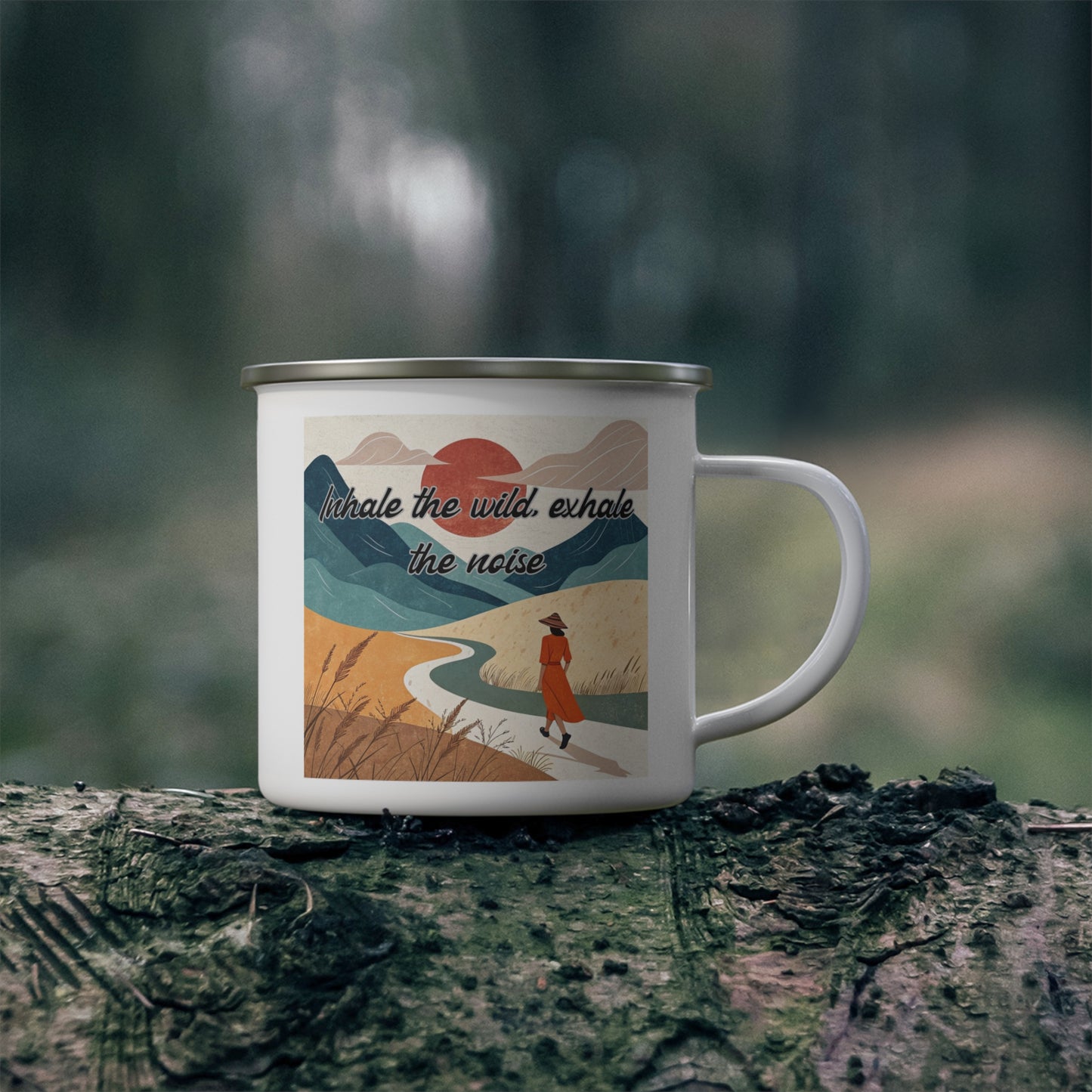Boho Forest Camping Mug – 'Inhale the Wild, Exhale the Noise' Enamel Cup for Mental Clarity, Inner Peace & Nature Lovers