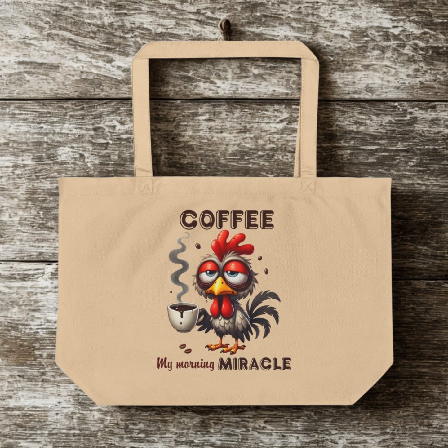 Funny Rooster Eco Tote Bag – Large Organic Cotton, 6-Gallon Capacity, Coffee Lover Gift
