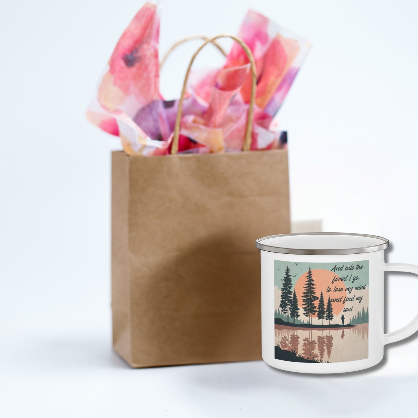 Boho Forest Camping Mug – 'And Into the Forest I Go...' Enamel Cup for Mental Clarity, Healing & Nature Lovers