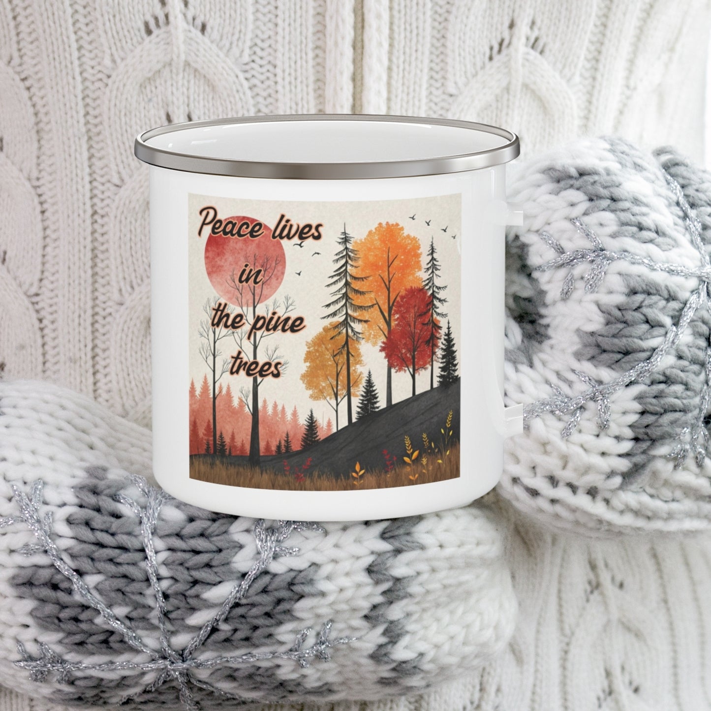 Boho Forest Camping Mug – 'Peace Lives in the Pine Trees' Enamel Cup for Mental Clarity, Healing & Nature Lovers