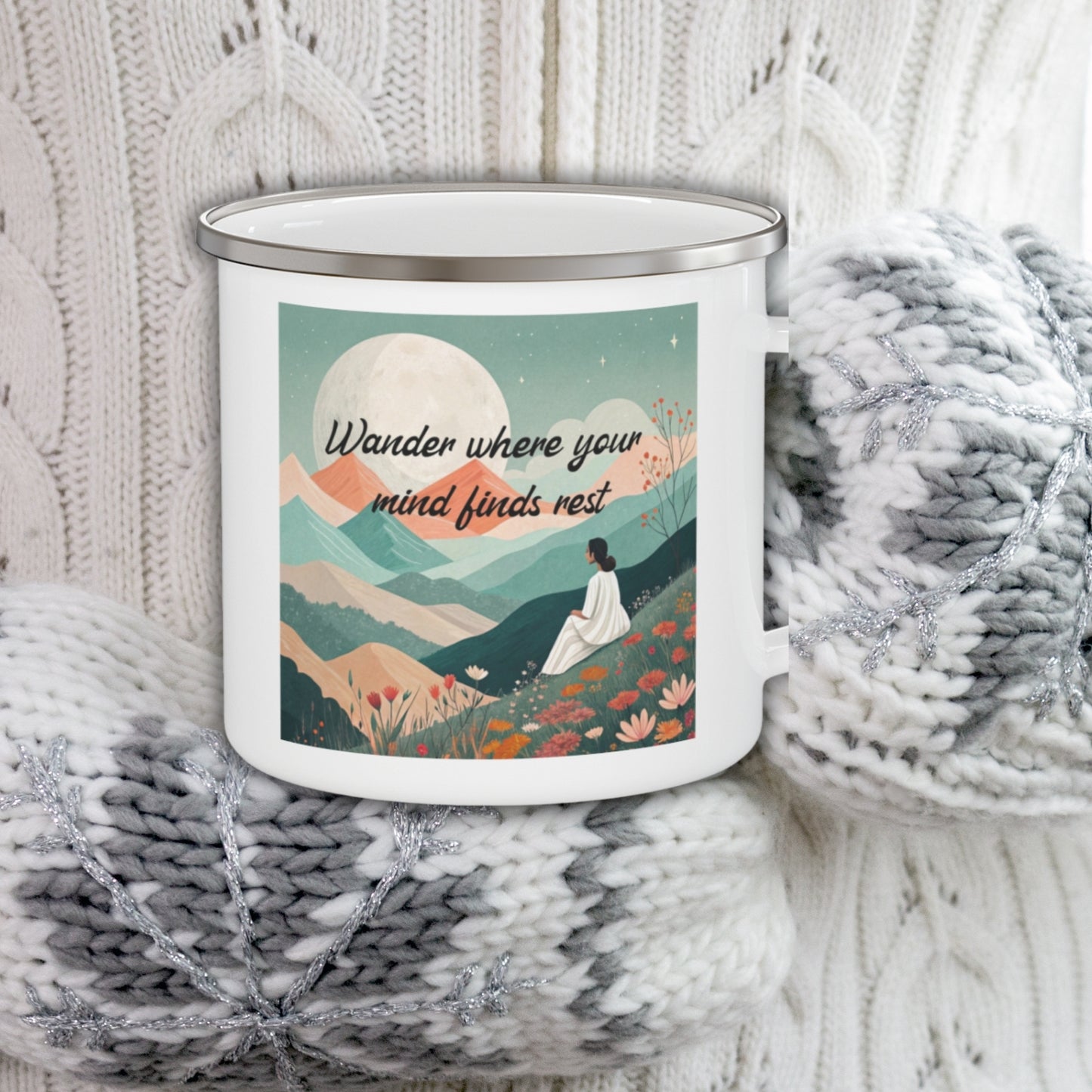 Boho Forest Camping Mug – 'Wander Where Your Mind Finds Rest' Enamel Cup for Mental Clarity, Peace & Nature Lovers