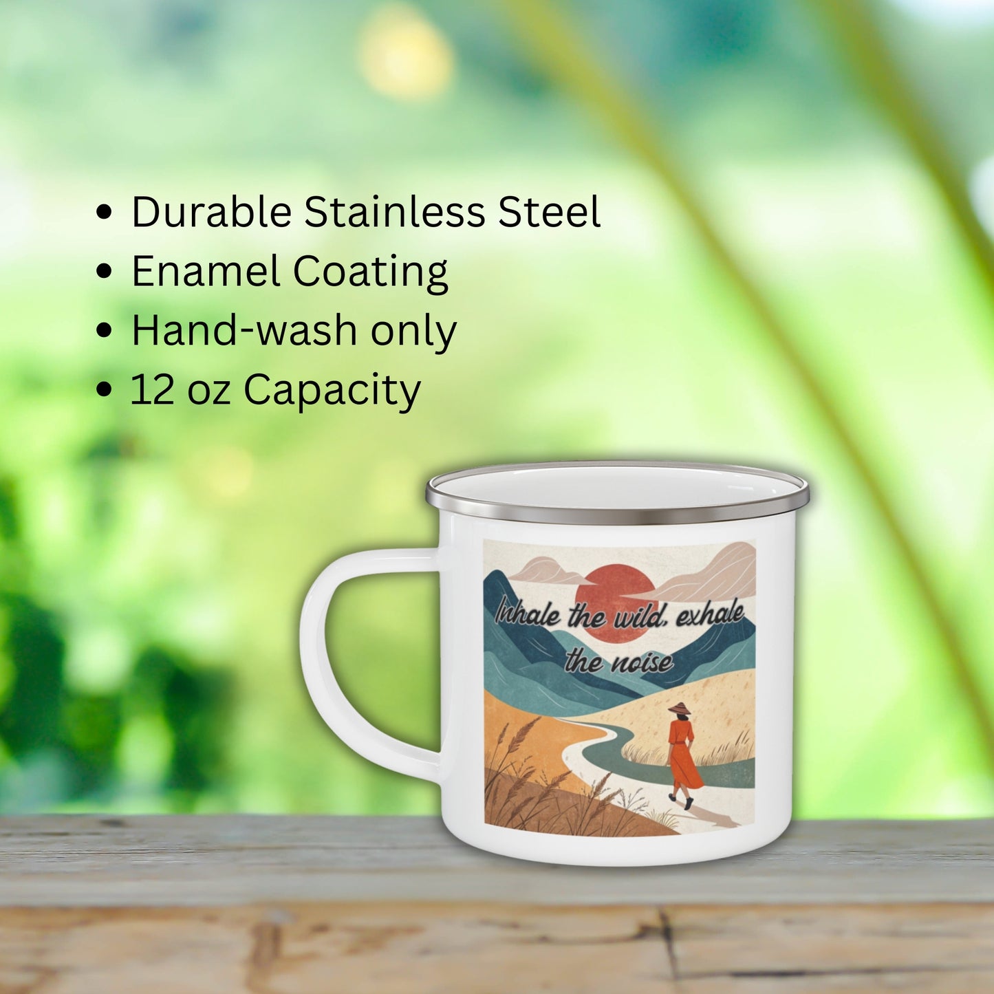 Boho Forest Camping Mug – 'Inhale the Wild, Exhale the Noise' Enamel Cup for Mental Clarity, Inner Peace & Nature Lovers