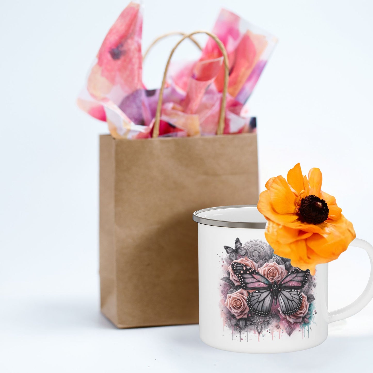 Floral Butterfly Enamel Camping Mug – Artistic Outdoor Coffee Cup for Nature Lovers