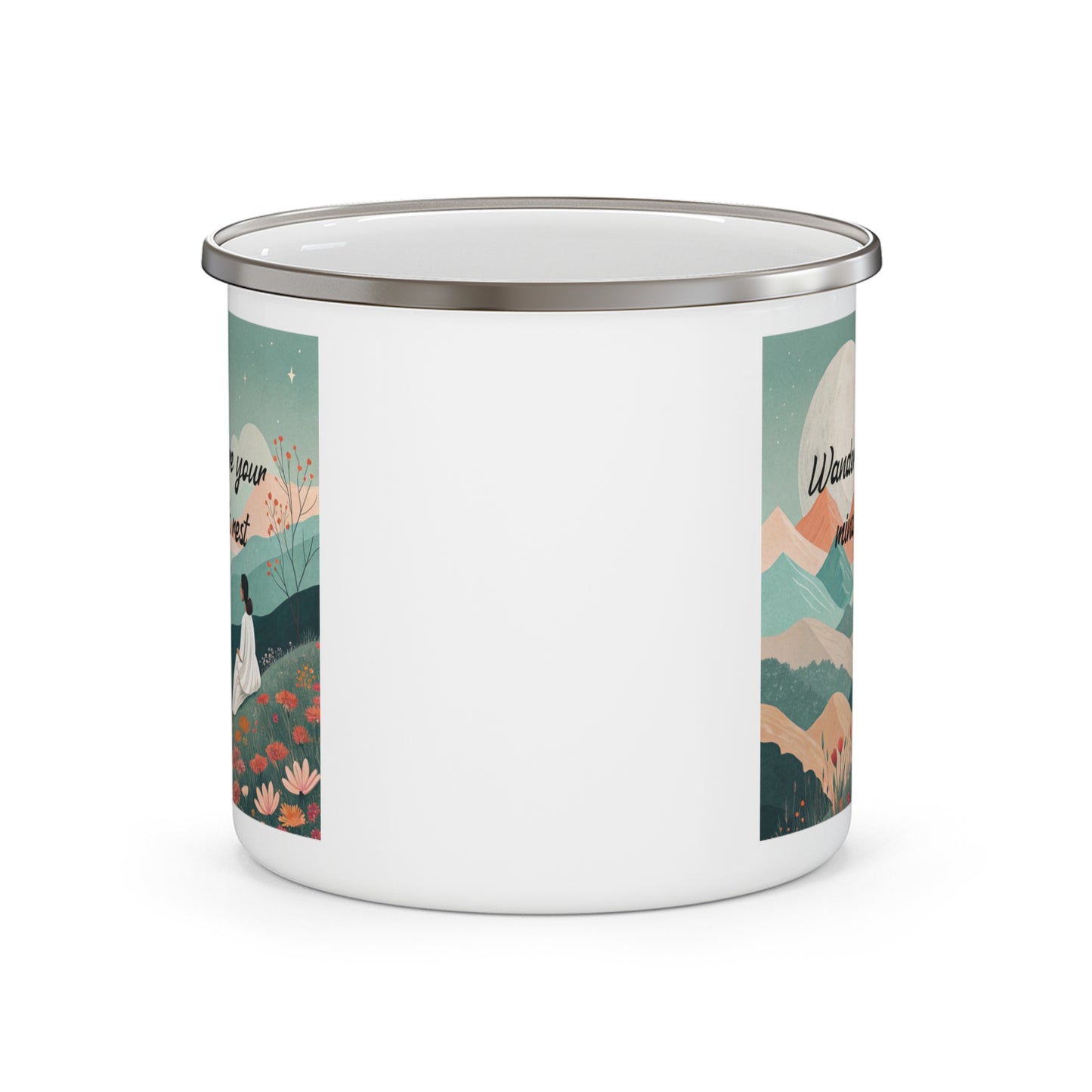 Boho Forest Camping Mug – 'Wander Where Your Mind Finds Rest' Enamel Cup for Mental Clarity, Peace & Nature Lovers