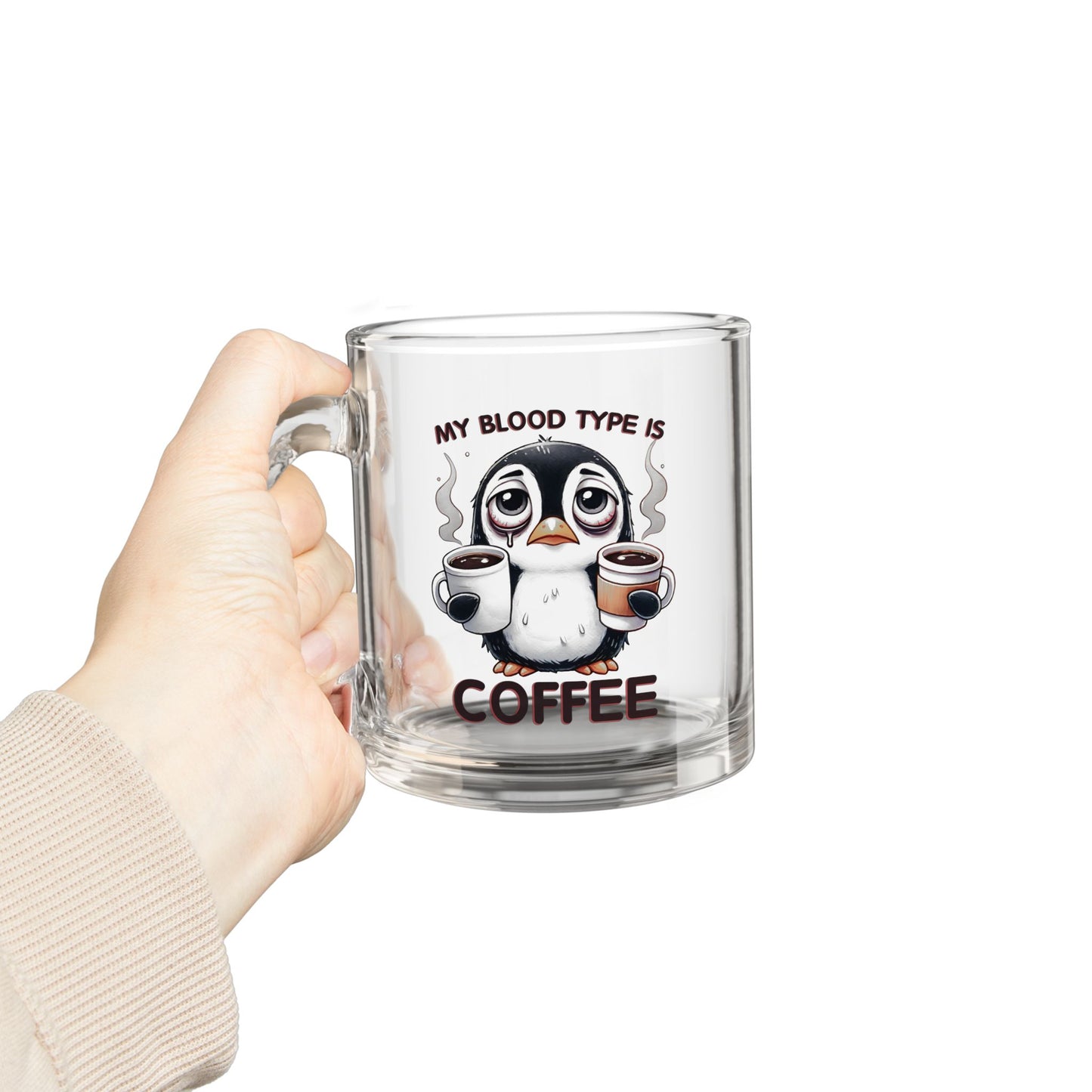 Funny Penguin Glass Mug – 10oz, “Coffee Is My Blood Type” – Perfect Gift for Coffee Lovers