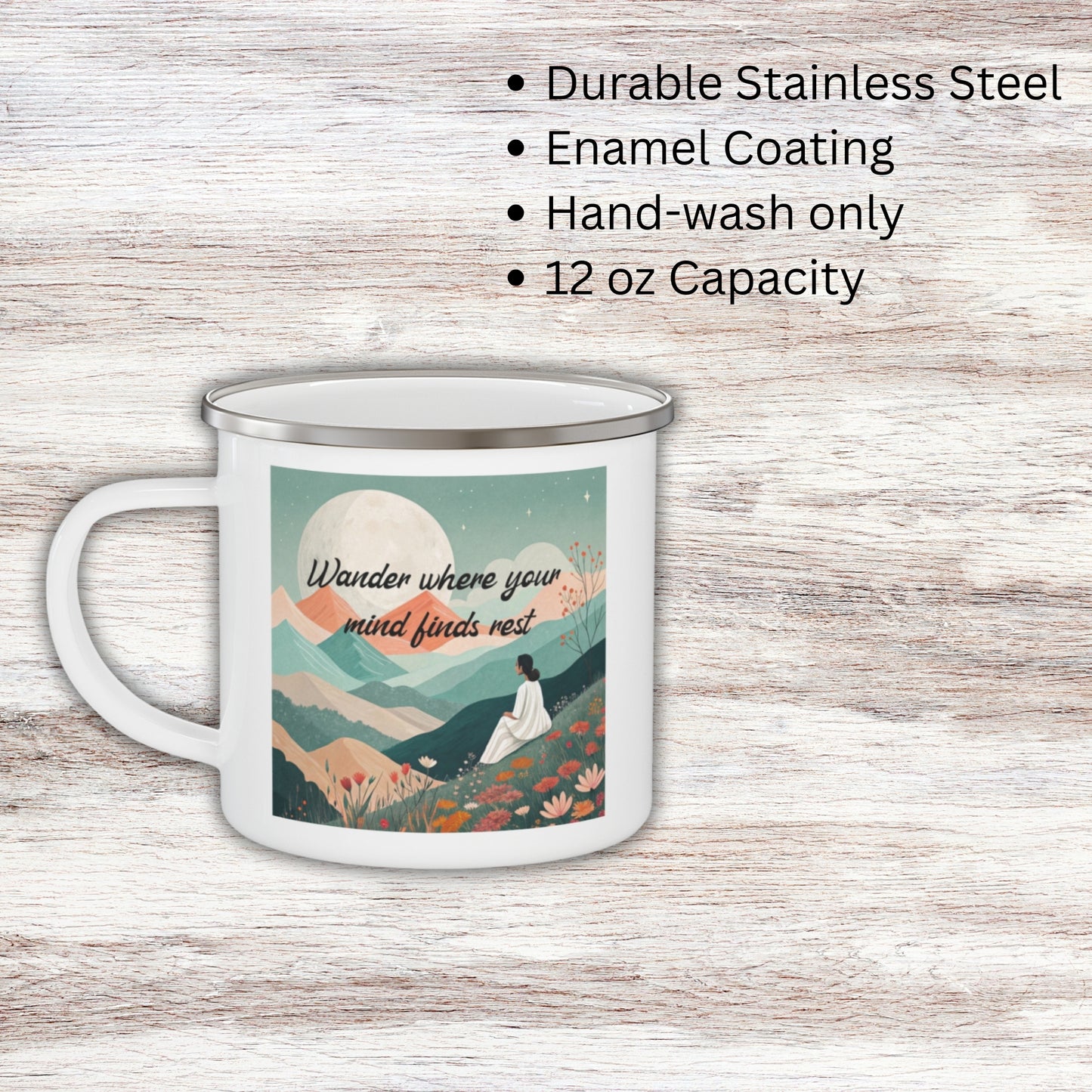 Boho Forest Camping Mug – 'Wander Where Your Mind Finds Rest' Enamel Cup for Mental Clarity, Peace & Nature Lovers