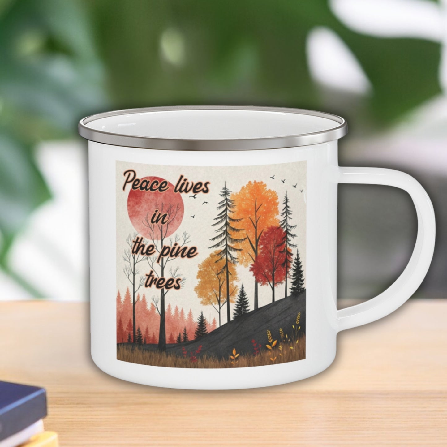Boho Forest Camping Mug – 'Peace Lives in the Pine Trees' Enamel Cup for Mental Clarity, Healing & Nature Lovers