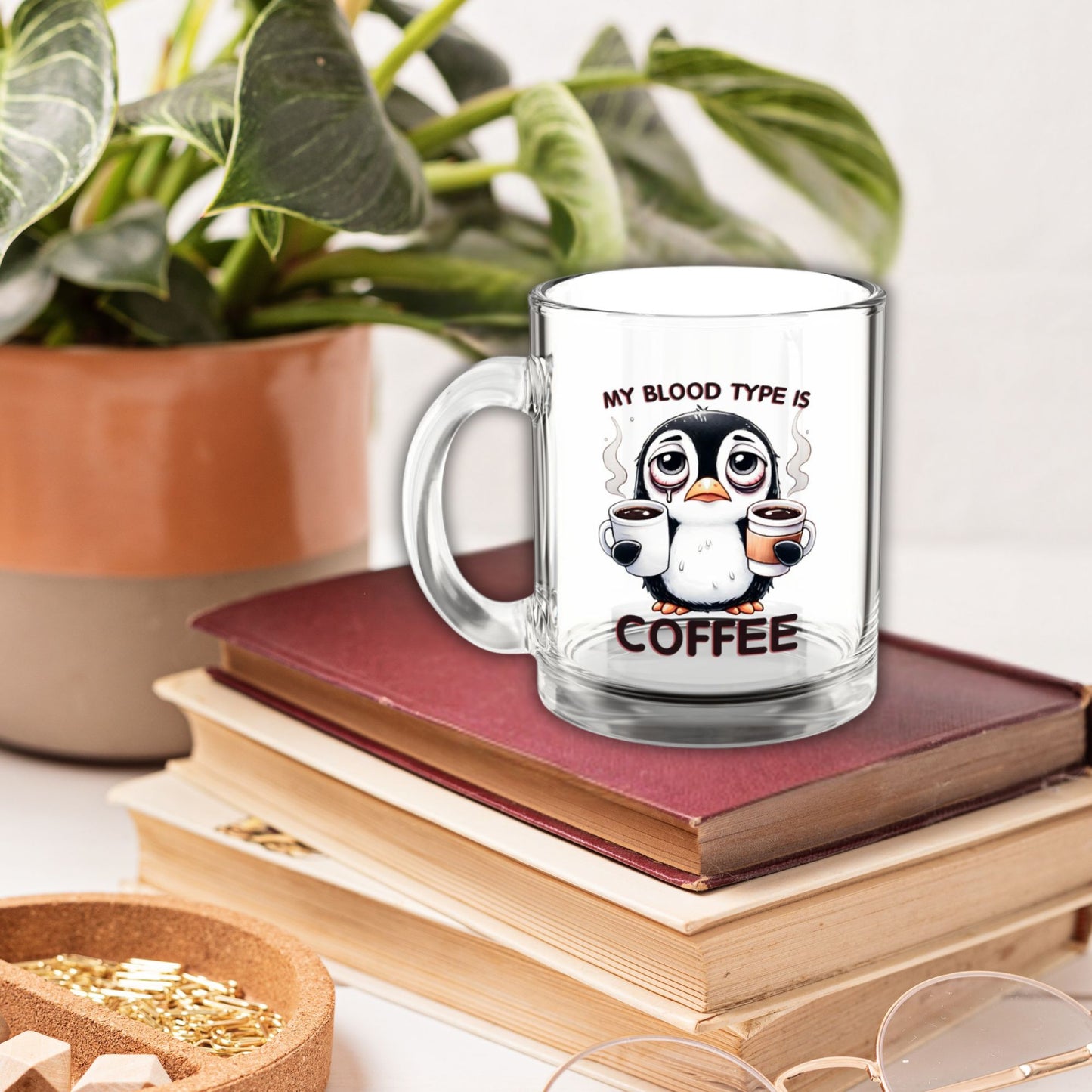 Funny Penguin Glass Mug – 10oz, “Coffee Is My Blood Type” – Perfect Gift for Coffee Lovers