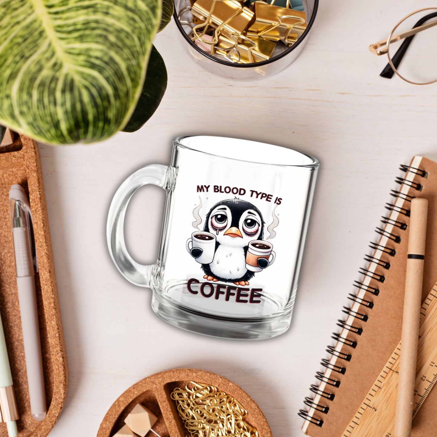 Funny Penguin Glass Mug – 10oz, “Coffee Is My Blood Type” – Perfect Gift for Coffee Lovers