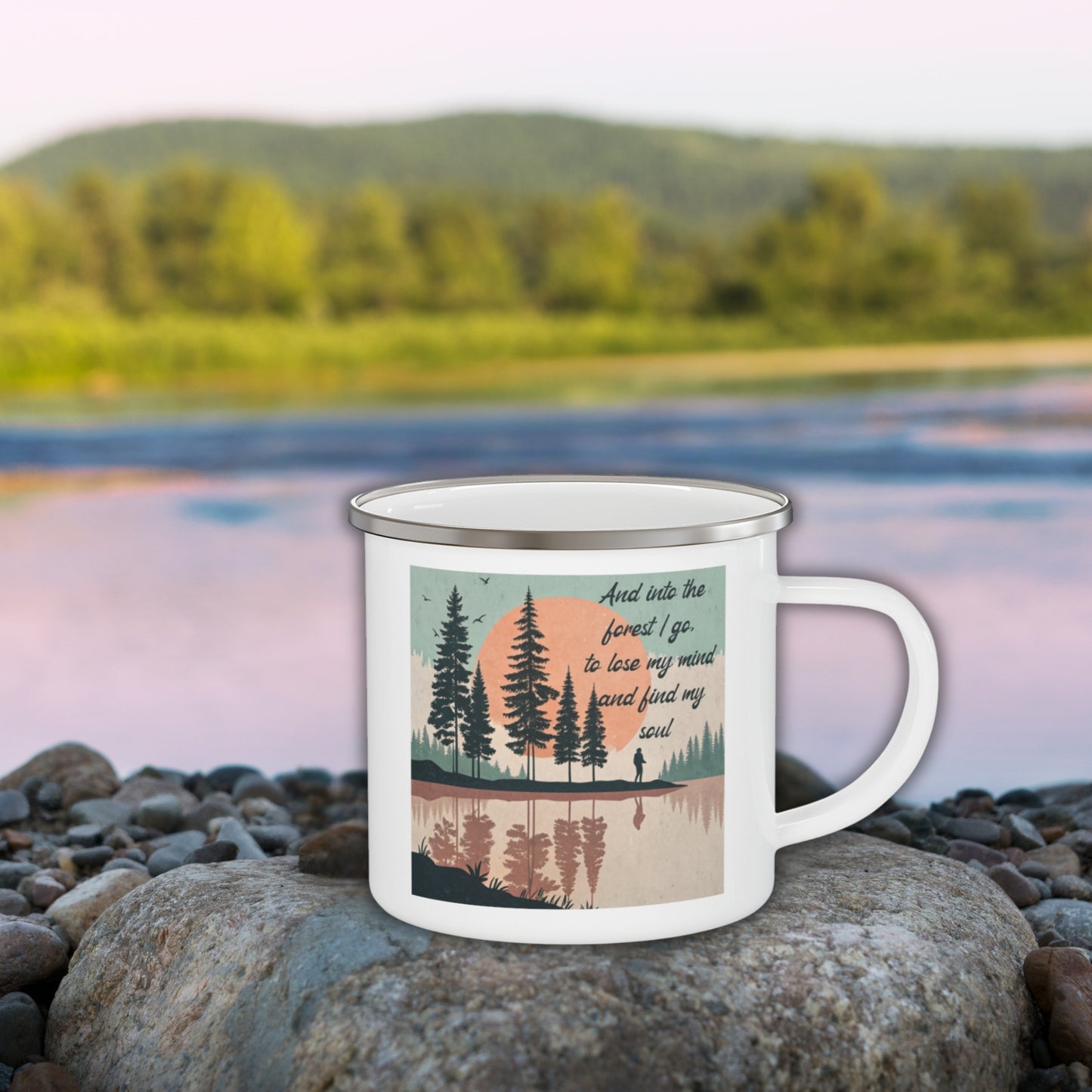 Boho Forest Camping Mug – 'And Into the Forest I Go...' Enamel Cup for Mental Clarity, Healing & Nature Lovers