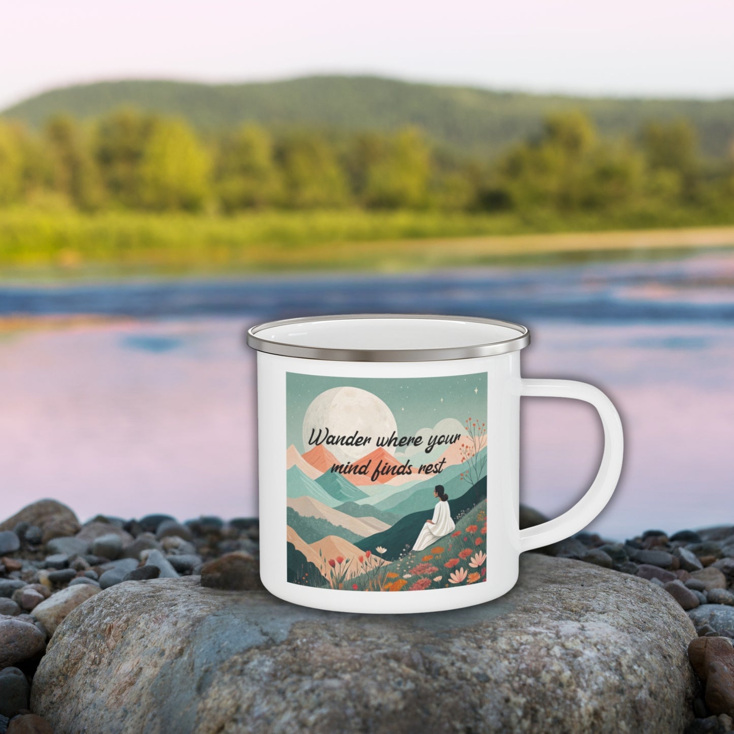 Boho Forest Camping Mug – 'Wander Where Your Mind Finds Rest' Enamel Cup for Mental Clarity, Peace & Nature Lovers