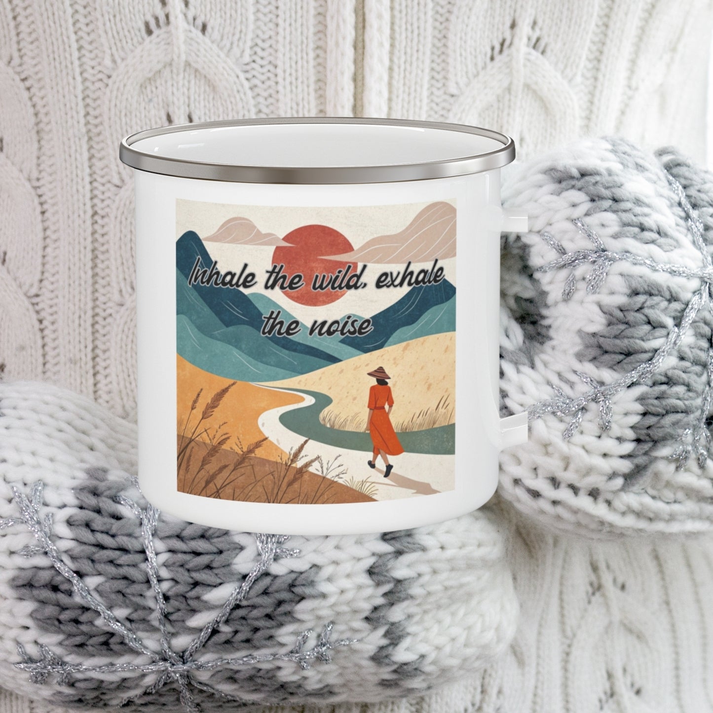 Boho Forest Camping Mug – 'Inhale the Wild, Exhale the Noise' Enamel Cup for Mental Clarity, Inner Peace & Nature Lovers