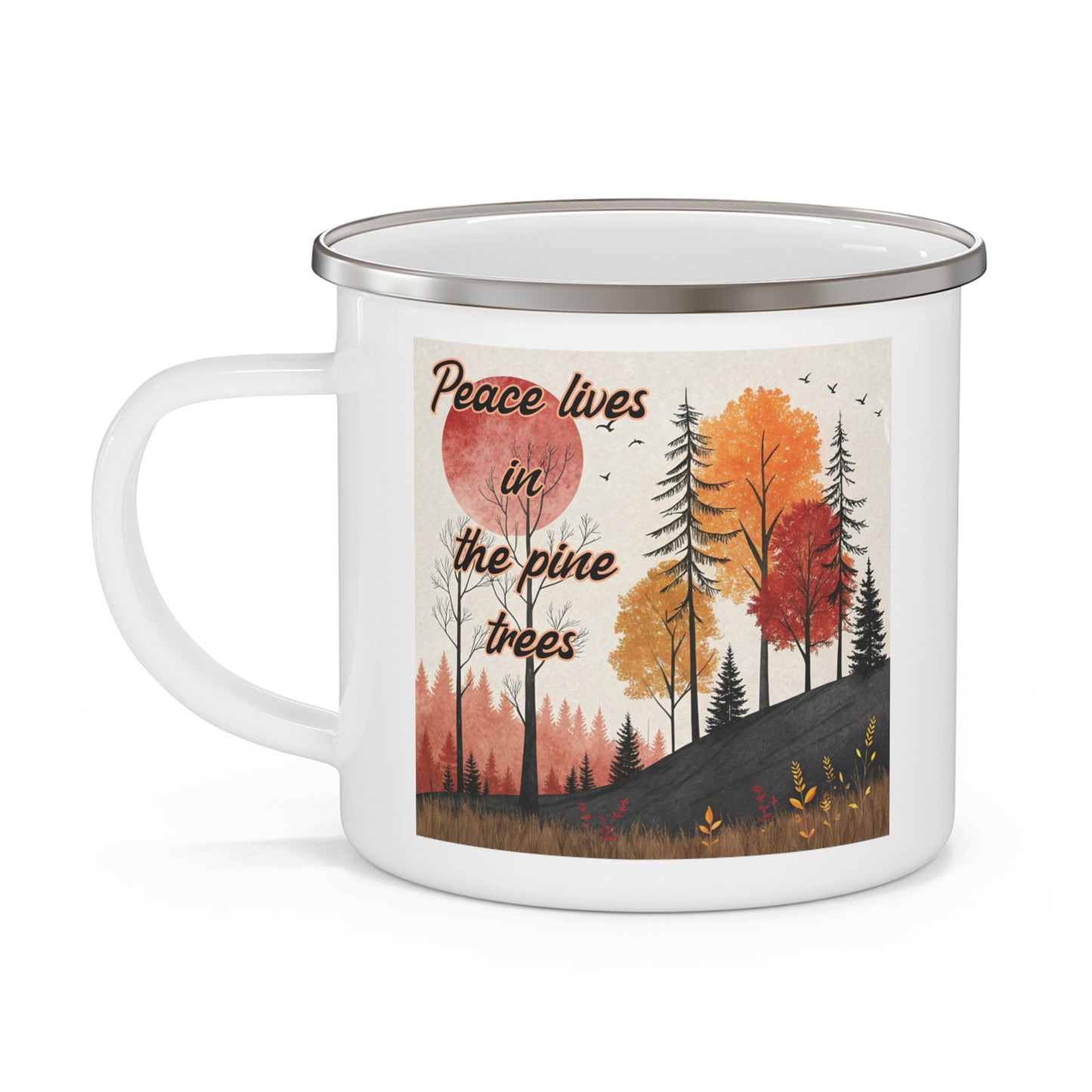 Boho Forest Camping Mug – 'Peace Lives in the Pine Trees' Enamel Cup for Mental Clarity, Healing & Nature Lovers