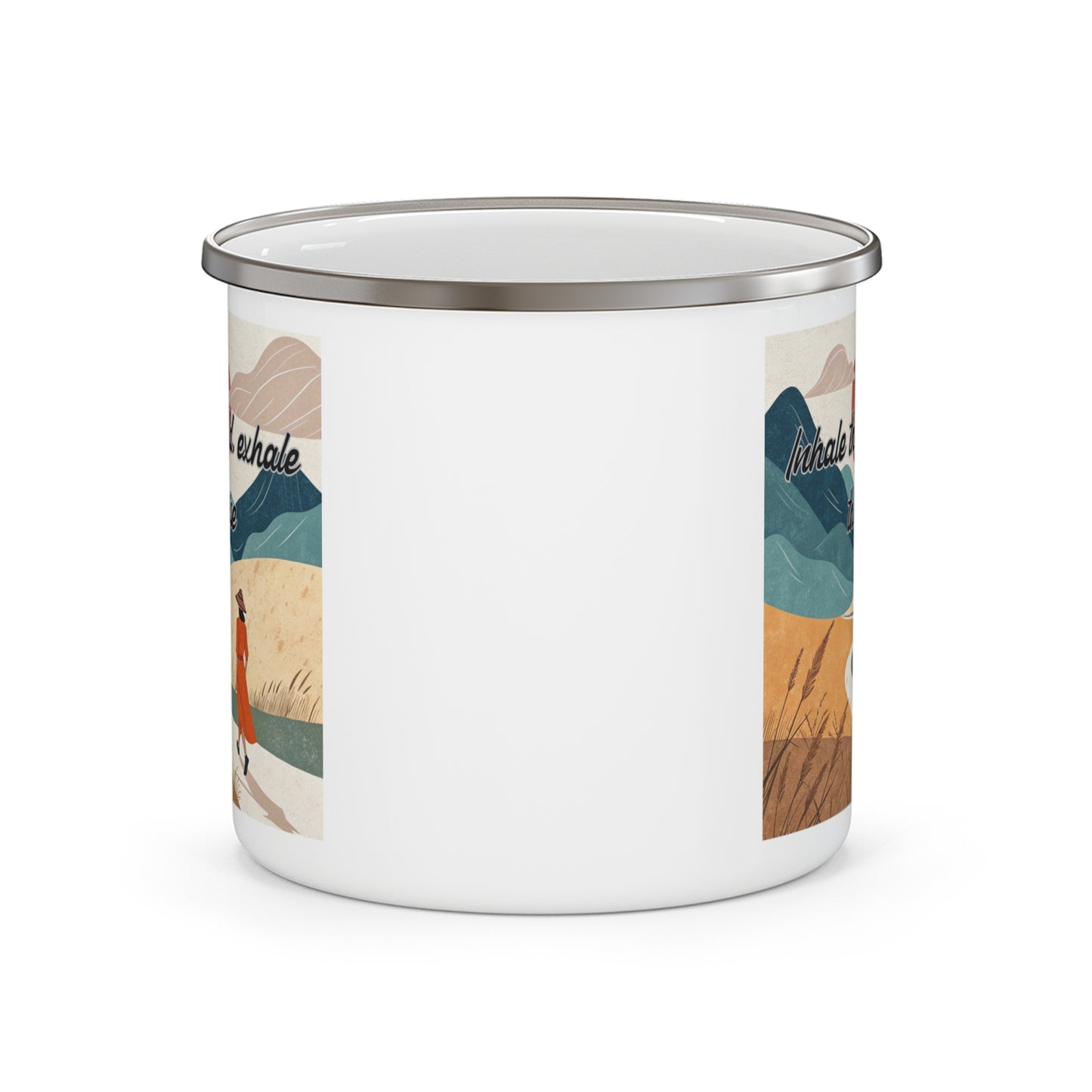 Boho Forest Camping Mug – 'Inhale the Wild, Exhale the Noise' Enamel Cup for Mental Clarity, Inner Peace & Nature Lovers