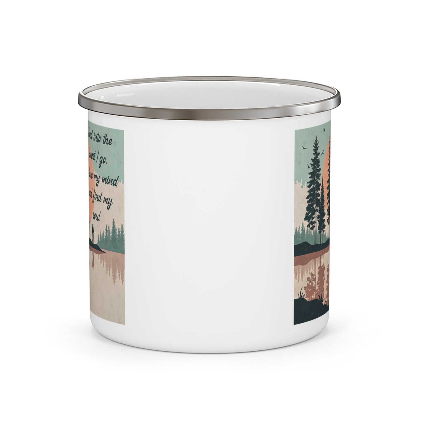 Boho Forest Camping Mug – 'And Into the Forest I Go...' Enamel Cup for Mental Clarity, Healing & Nature Lovers