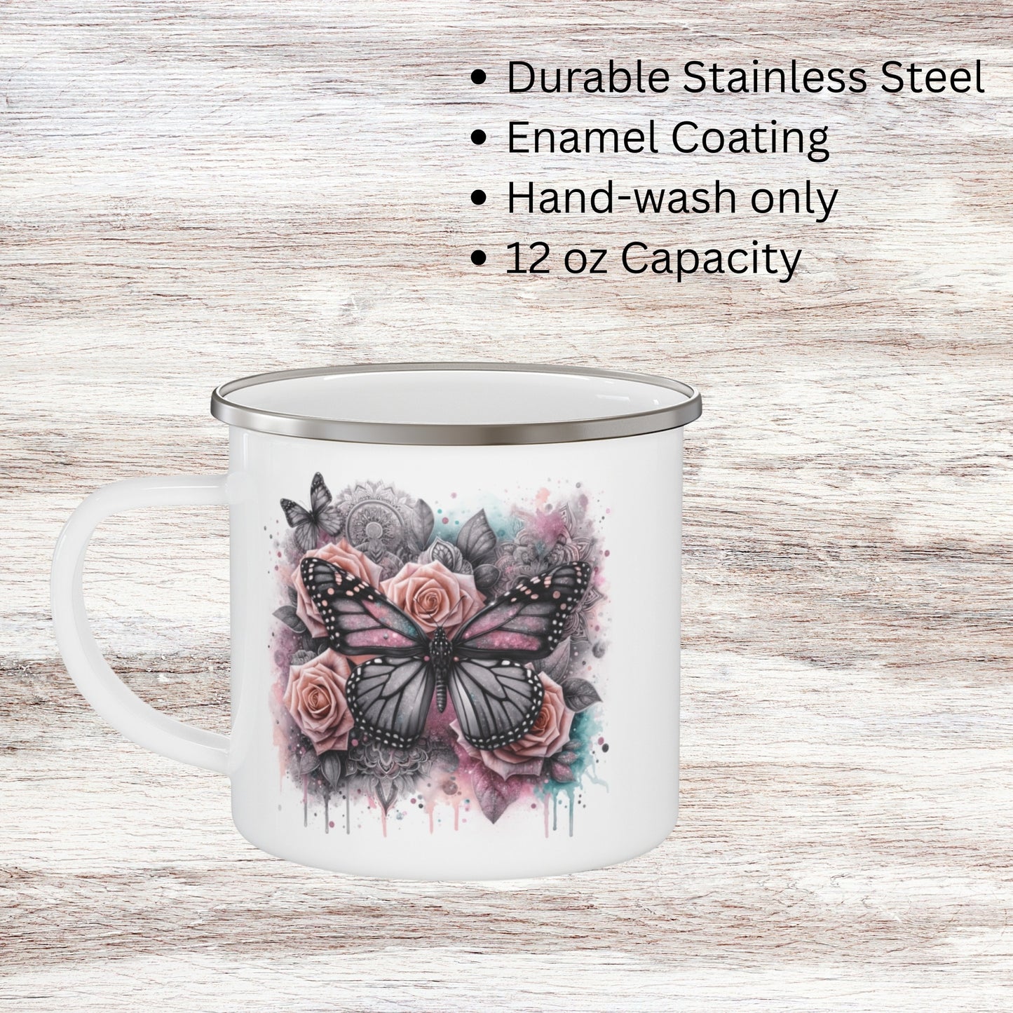 Floral Butterfly Enamel Camping Mug – Artistic Outdoor Coffee Cup for Nature Lovers