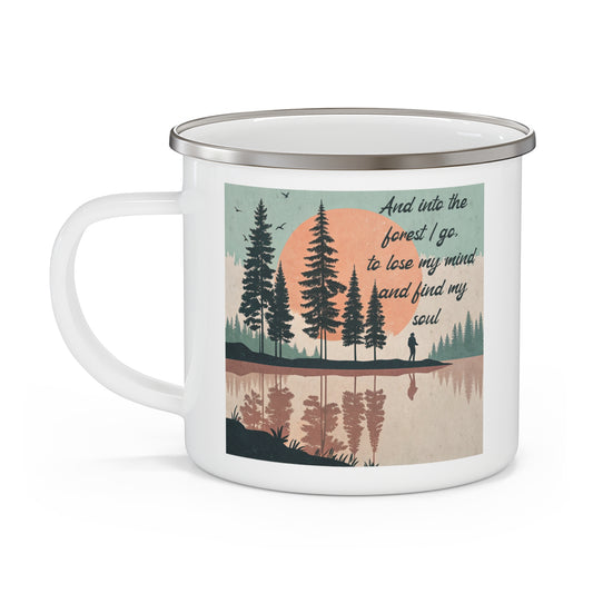 Boho Forest Camping Mug – 'And Into the Forest I Go...' Enamel Cup for Mental Clarity, Healing & Nature Lovers