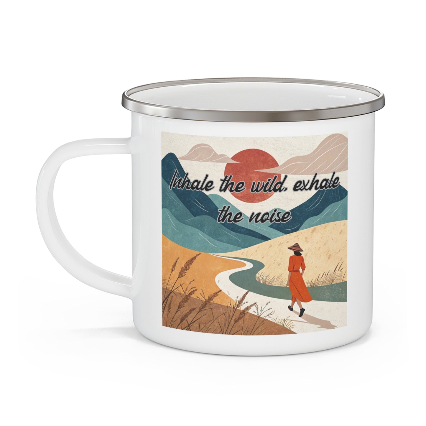 Boho Forest Camping Mug – 'Inhale the Wild, Exhale the Noise' Enamel Cup for Mental Clarity, Inner Peace & Nature Lovers