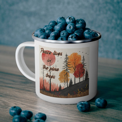 Boho Forest Camping Mug – 'Peace Lives in the Pine Trees' Enamel Cup for Mental Clarity, Healing & Nature Lovers