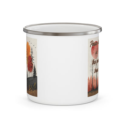 Boho Forest Camping Mug – 'Peace Lives in the Pine Trees' Enamel Cup for Mental Clarity, Healing & Nature Lovers