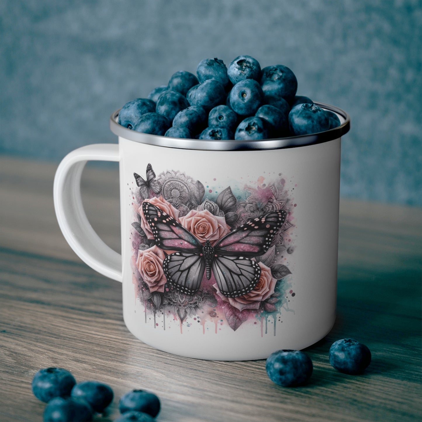 Floral Butterfly Enamel Camping Mug – Artistic Outdoor Coffee Cup for Nature Lovers