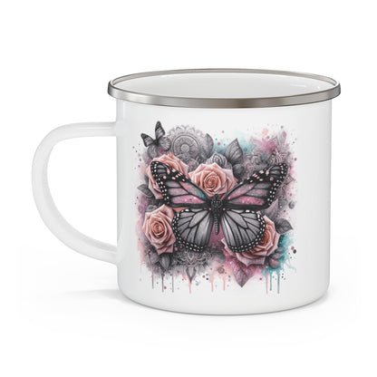 Floral Butterfly Enamel Camping Mug – Artistic Outdoor Coffee Cup for Nature Lovers