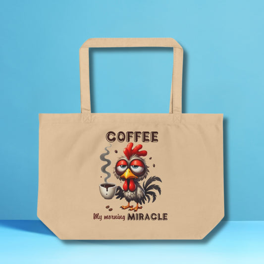 Funny Rooster Eco Tote Bag – Large Organic Cotton, 6-Gallon Capacity, Coffee Lover Gift