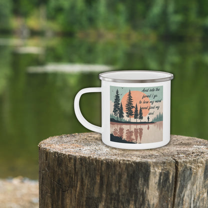 Boho Forest Camping Mug – 'And Into the Forest I Go...' Enamel Cup for Mental Clarity, Healing & Nature Lovers