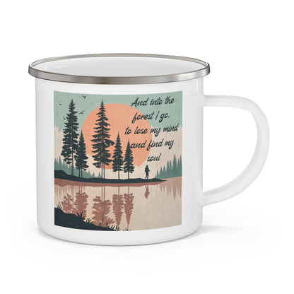Boho Forest Camping Mug – 'And Into the Forest I Go...' Enamel Cup for Mental Clarity, Healing & Nature Lovers