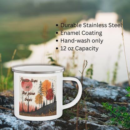 Boho Forest Camping Mug – 'Peace Lives in the Pine Trees' Enamel Cup for Mental Clarity, Healing & Nature Lovers