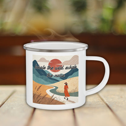 Boho Forest Camping Mug – 'Inhale the Wild, Exhale the Noise' Enamel Cup for Mental Clarity, Inner Peace & Nature Lovers