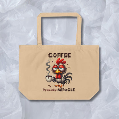 Funny Rooster Eco Tote Bag – Large Organic Cotton, 6-Gallon Capacity, Coffee Lover Gift