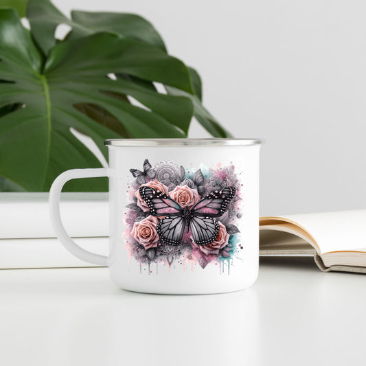 Floral Butterfly Enamel Camping Mug – Artistic Outdoor Coffee Cup for Nature Lovers