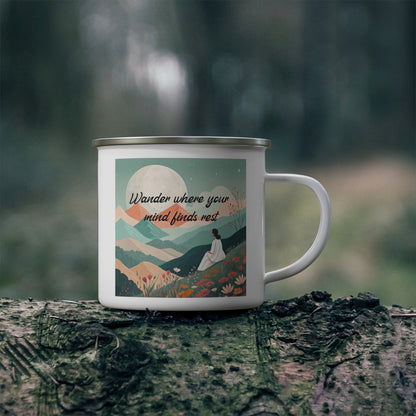 Boho Forest Camping Mug – 'Wander Where Your Mind Finds Rest' Enamel Cup for Mental Clarity, Peace & Nature Lovers
