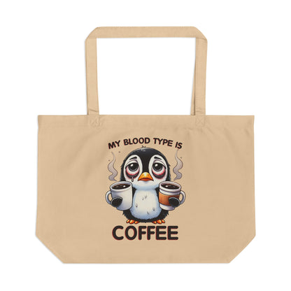 Funny Penguin Eco Tote Bag – Large Organic Cotton, 6-Gallon Capacity, “Coffee Is My Blood Type” Gift for Coffee Lovers