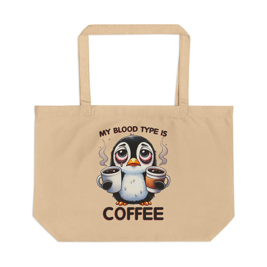 Funny Penguin Eco Tote Bag – Large Organic Cotton, 6-Gallon Capacity, “Coffee Is My Blood Type” Gift for Coffee Lovers