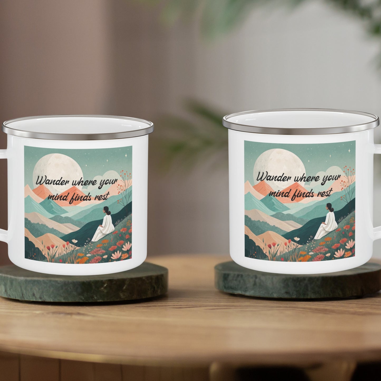 Boho Forest Camping Mug – 'Wander Where Your Mind Finds Rest' Enamel Cup for Mental Clarity, Peace & Nature Lovers