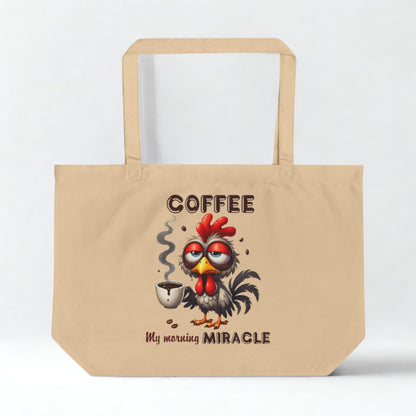 Funny Rooster Eco Tote Bag – Large Organic Cotton, 6-Gallon Capacity, Coffee Lover Gift