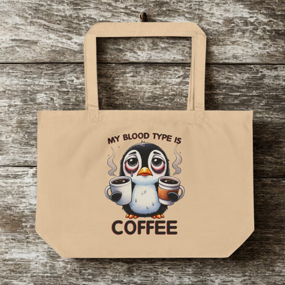 Funny Penguin Eco Tote Bag – Large Organic Cotton, 6-Gallon Capacity, “Coffee Is My Blood Type” Gift for Coffee Lovers