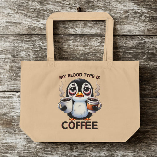 Funny Penguin Eco Tote Bag – Large Organic Cotton, 6-Gallon Capacity, “Coffee Is My Blood Type” Gift for Coffee Lovers
