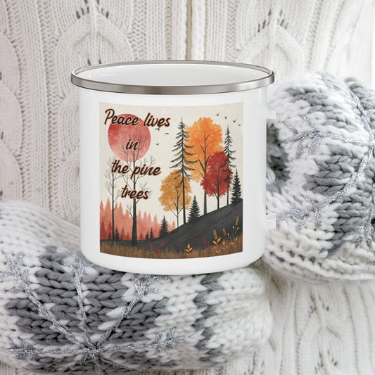 Boho Forest Camping Mug – 'Peace Lives in the Pine Trees' Enamel Cup for Mental Clarity, Healing & Nature Lovers