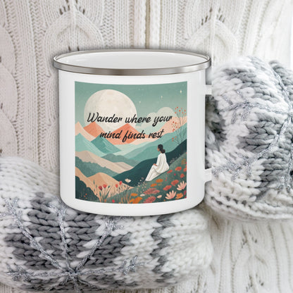 Boho Forest Camping Mug – 'Wander Where Your Mind Finds Rest' Enamel Cup for Mental Clarity, Peace & Nature Lovers