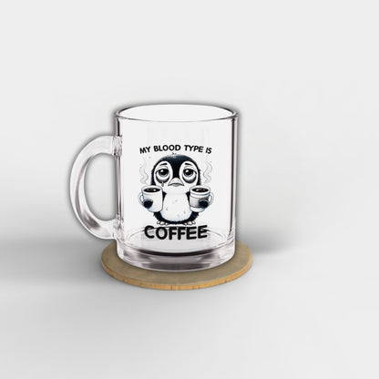 Funny Penguin Glass Mug – 10oz, “Coffee Is My Blood Type” – Perfect Gift for Coffee Lovers