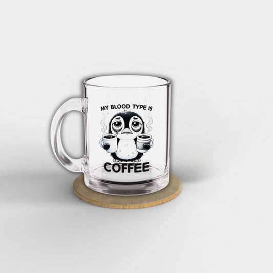 Funny Penguin Glass Mug – 10oz, “Coffee Is My Blood Type” – Perfect Gift for Coffee Lovers