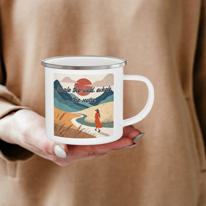 Boho Forest Camping Mug – 'Inhale the Wild, Exhale the Noise' Enamel Cup for Mental Clarity, Inner Peace & Nature Lovers