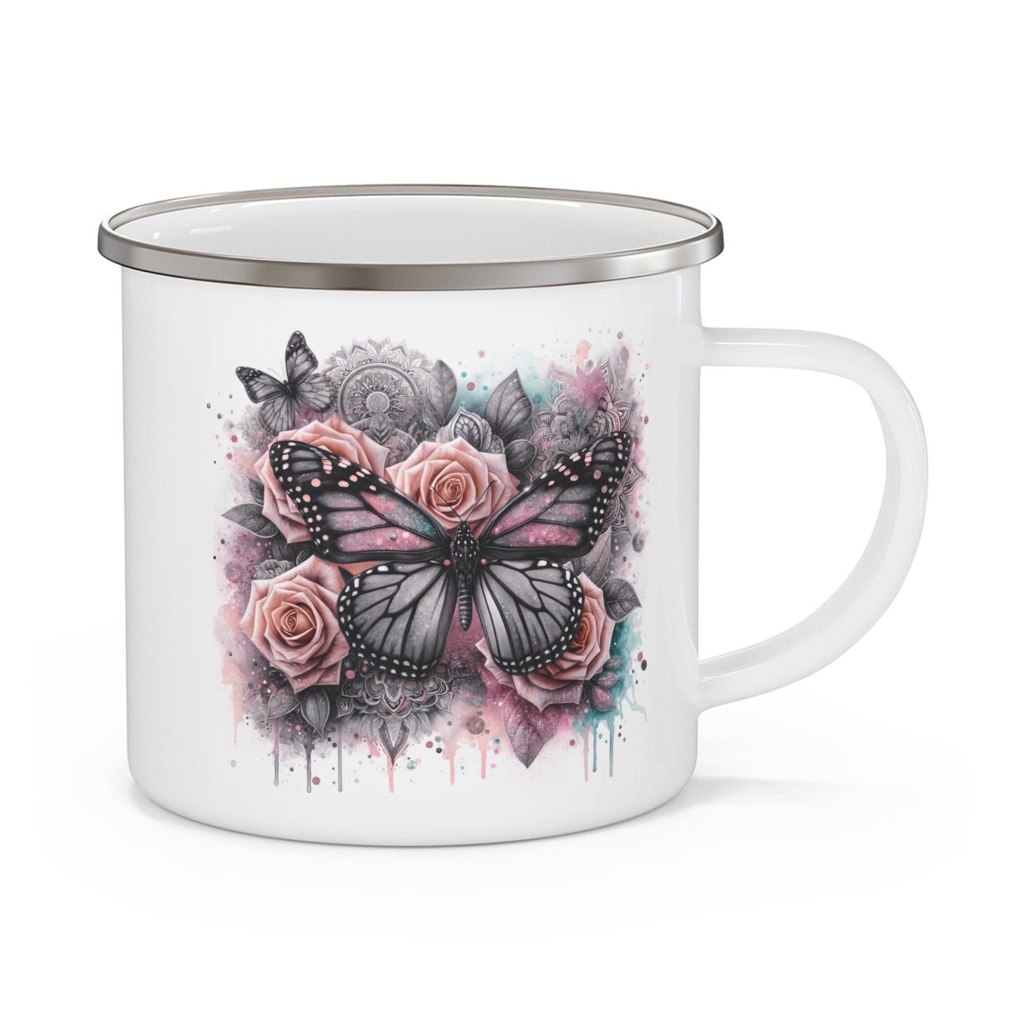 Floral Butterfly Enamel Camping Mug – Artistic Outdoor Coffee Cup for Nature Lovers