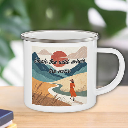 Boho Forest Camping Mug – 'Inhale the Wild, Exhale the Noise' Enamel Cup for Mental Clarity, Inner Peace & Nature Lovers