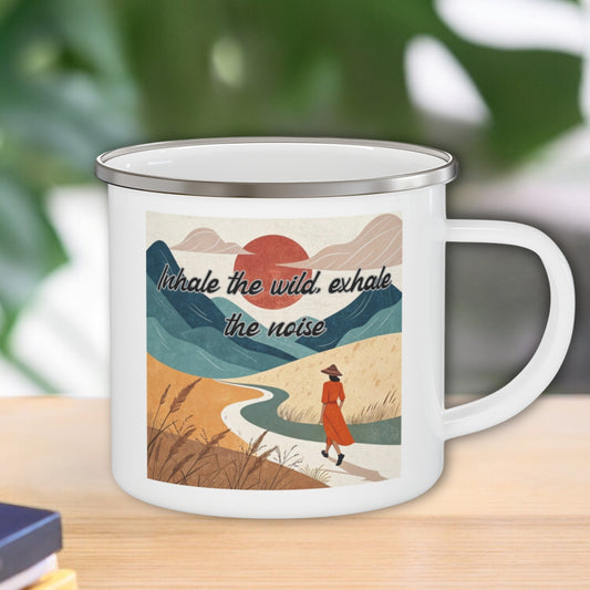 Boho Forest Camping Mug – 'Inhale the Wild, Exhale the Noise' Enamel Cup for Mental Clarity, Inner Peace & Nature Lovers