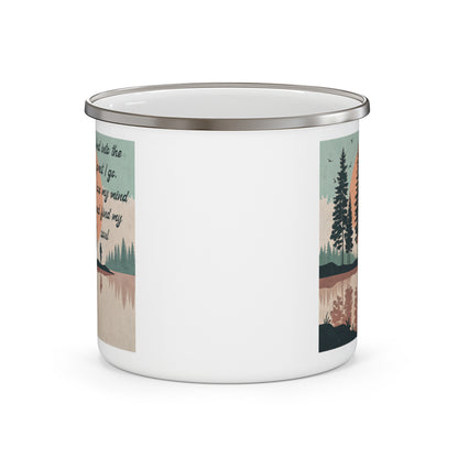Boho Forest Camping Mug – 'And Into the Forest I Go...' Enamel Cup for Mental Clarity, Healing & Nature Lovers
